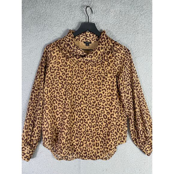 Ann Taylor Petite SP Leopard Print Blouse Long Sleeve Tie Neck Top - Picture 2 of 11